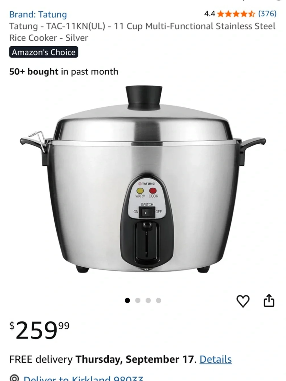 Tatung 11 cups Stainless Steel big Rice Cooker - Silver